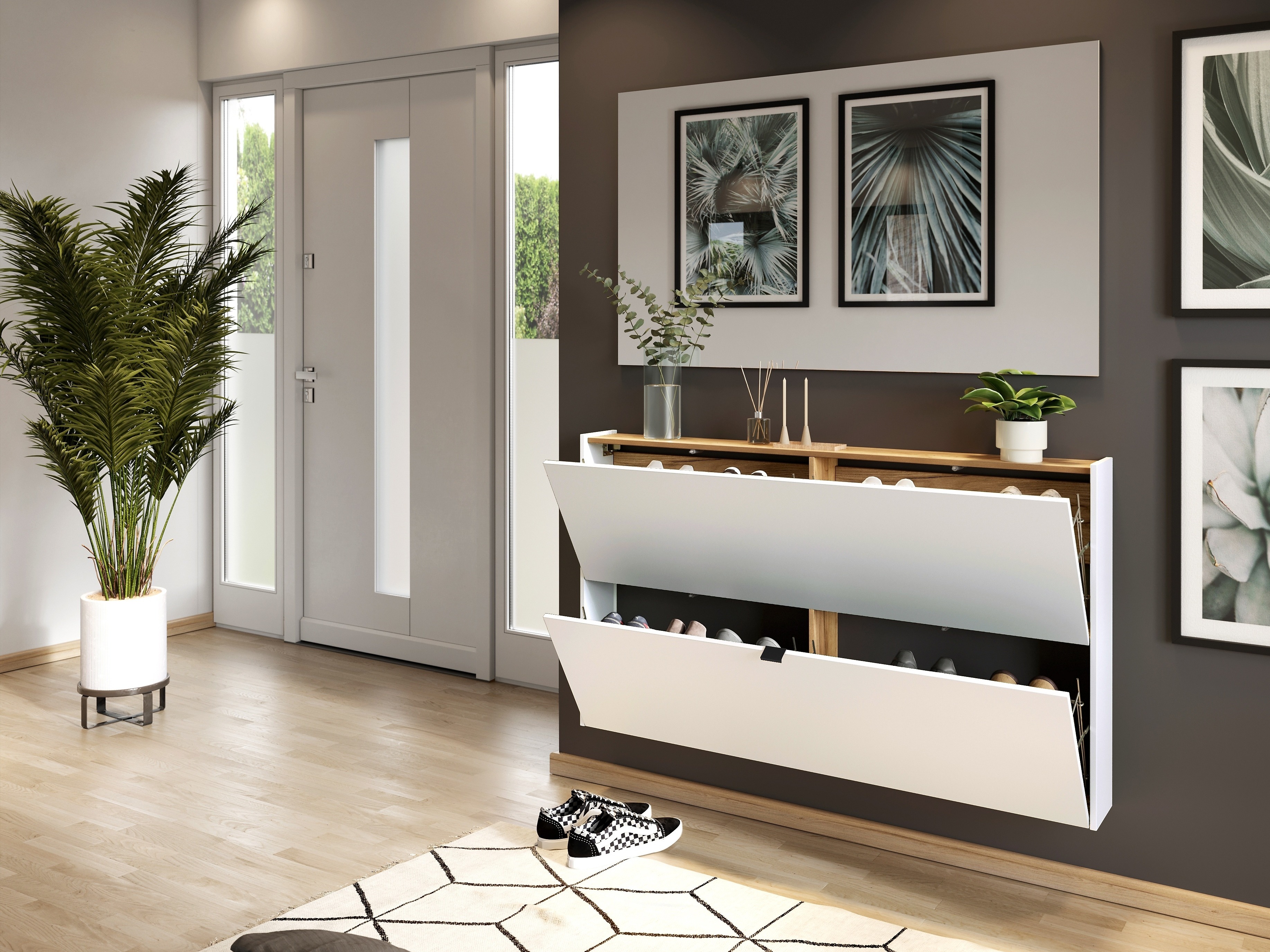 Шкаф за обувки Cirsale 108 (Бял + Navarra дъб)