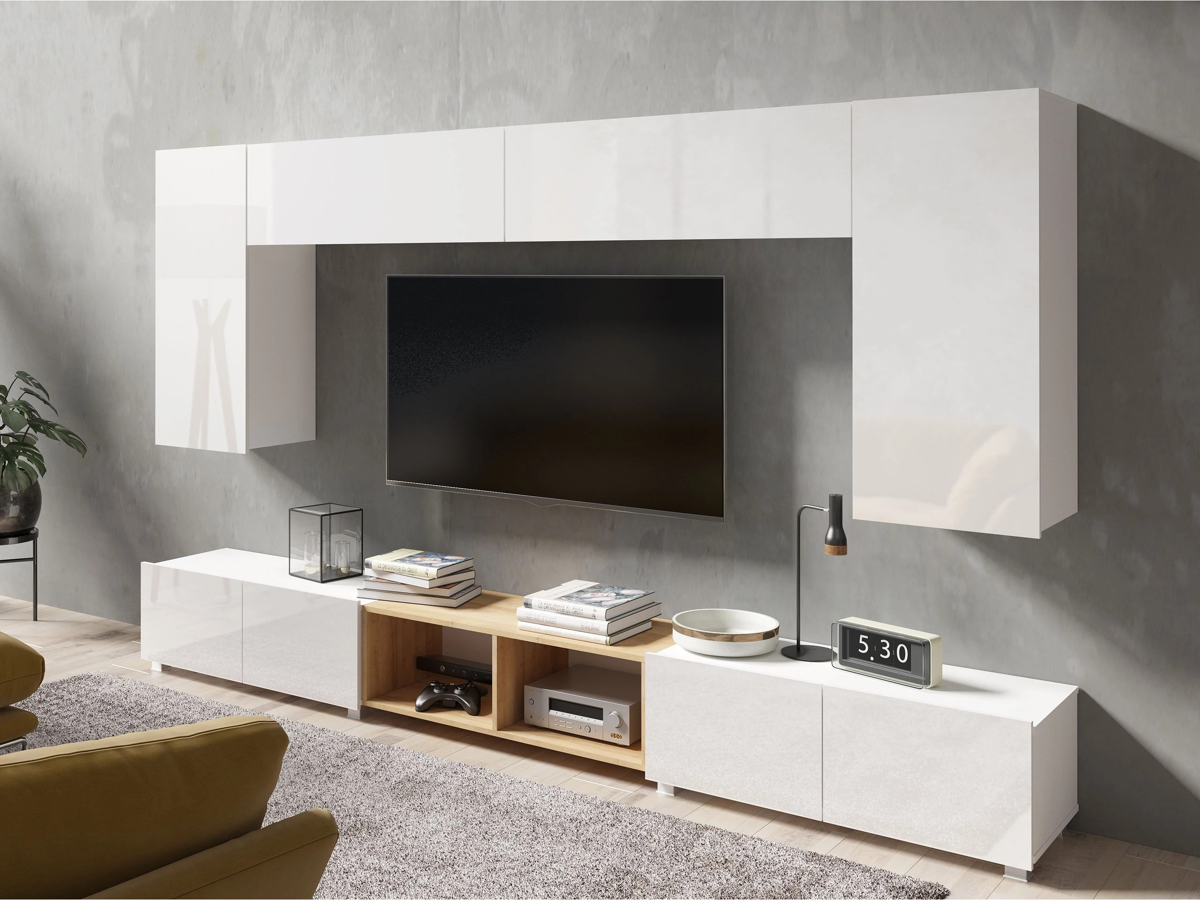 Комплект за хол Tivdalu 143 (Бял + Бял гланц + Златен дъб)