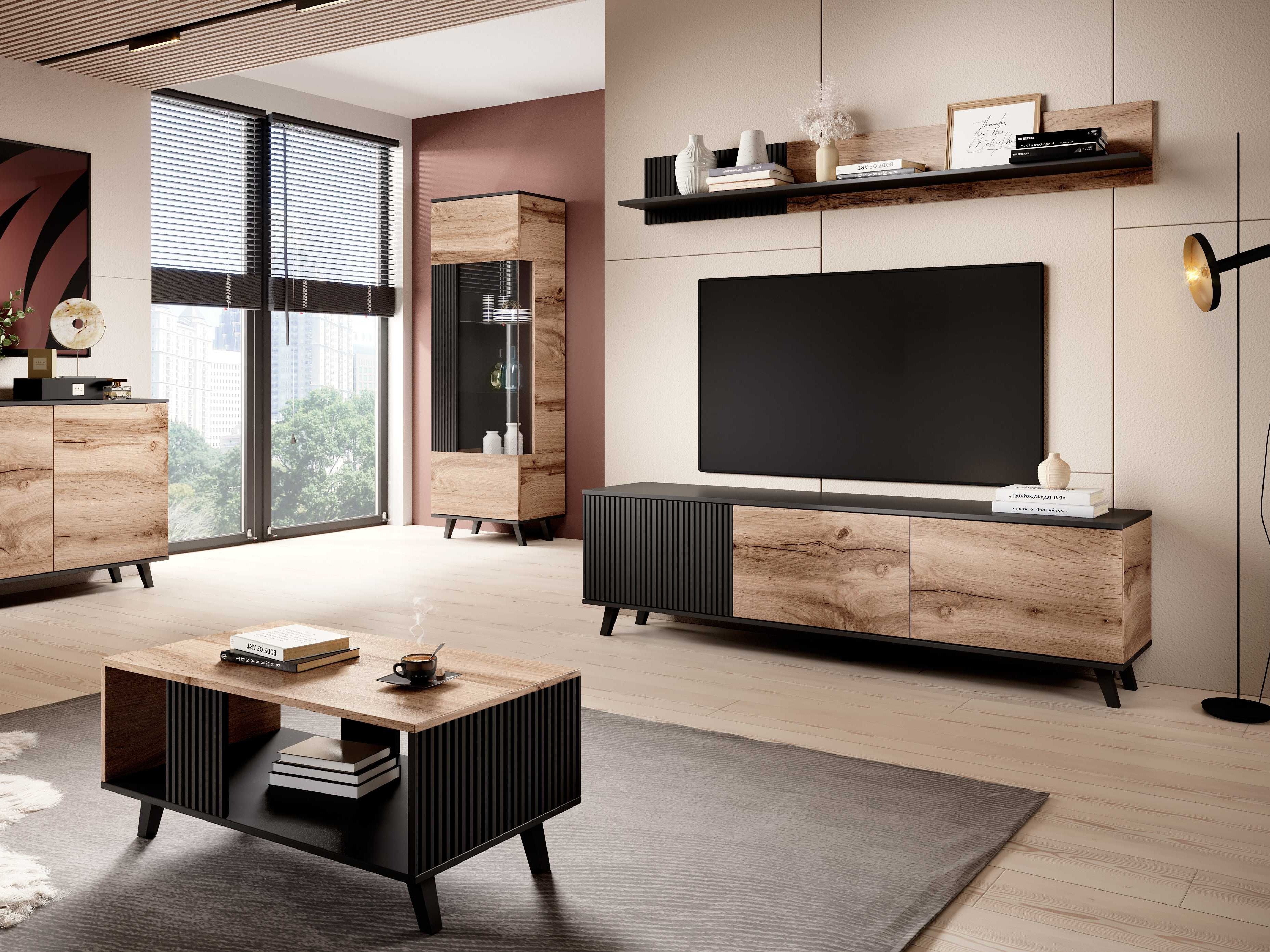 Стенна етажерка Luelia 122 (Черен + Дъб уотан)