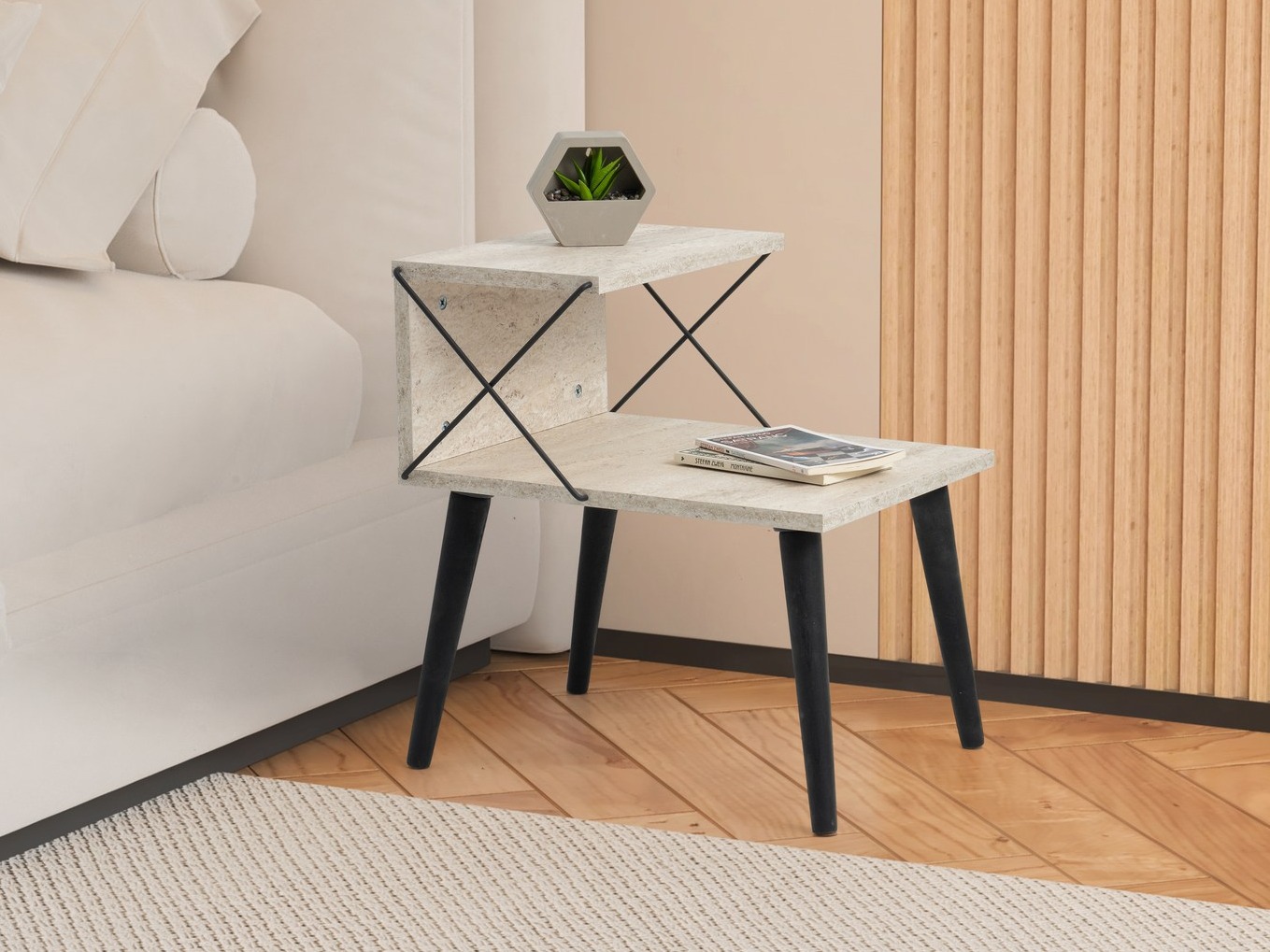 Нощно шкафче Kailua 368 (Лек травертин + Черен)