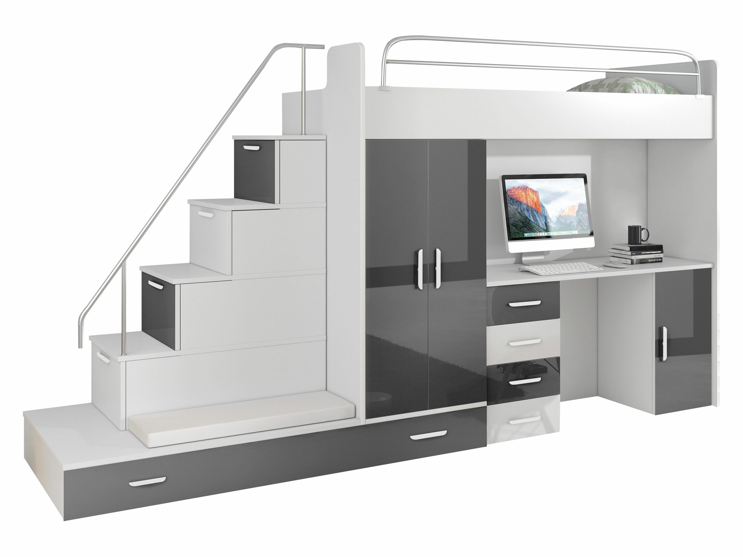 Комплект за детска стая Salmere 100 (Бял + Бял гланц + Сив гланц)