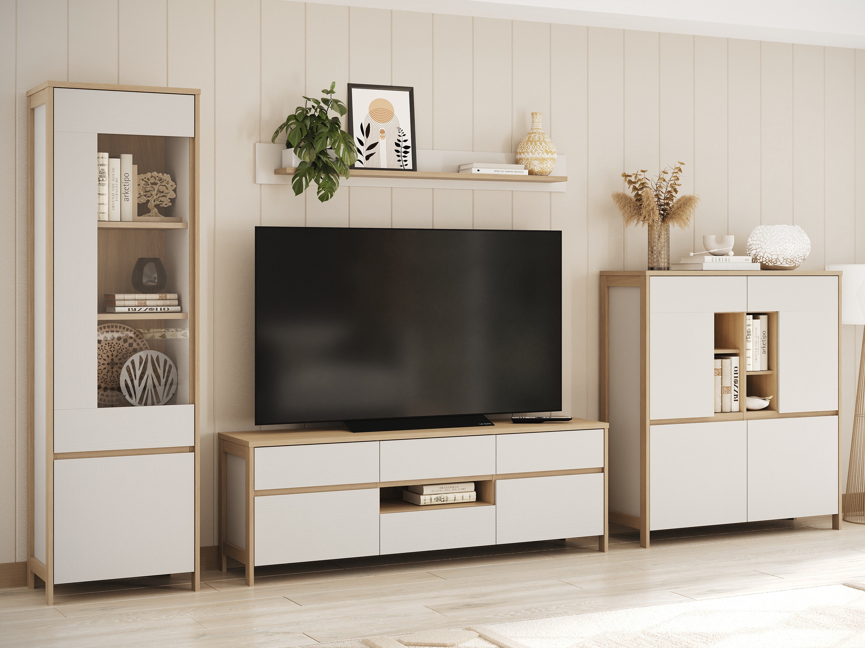 Комплект за хол Fermaru 110 (Бял + Дъб)