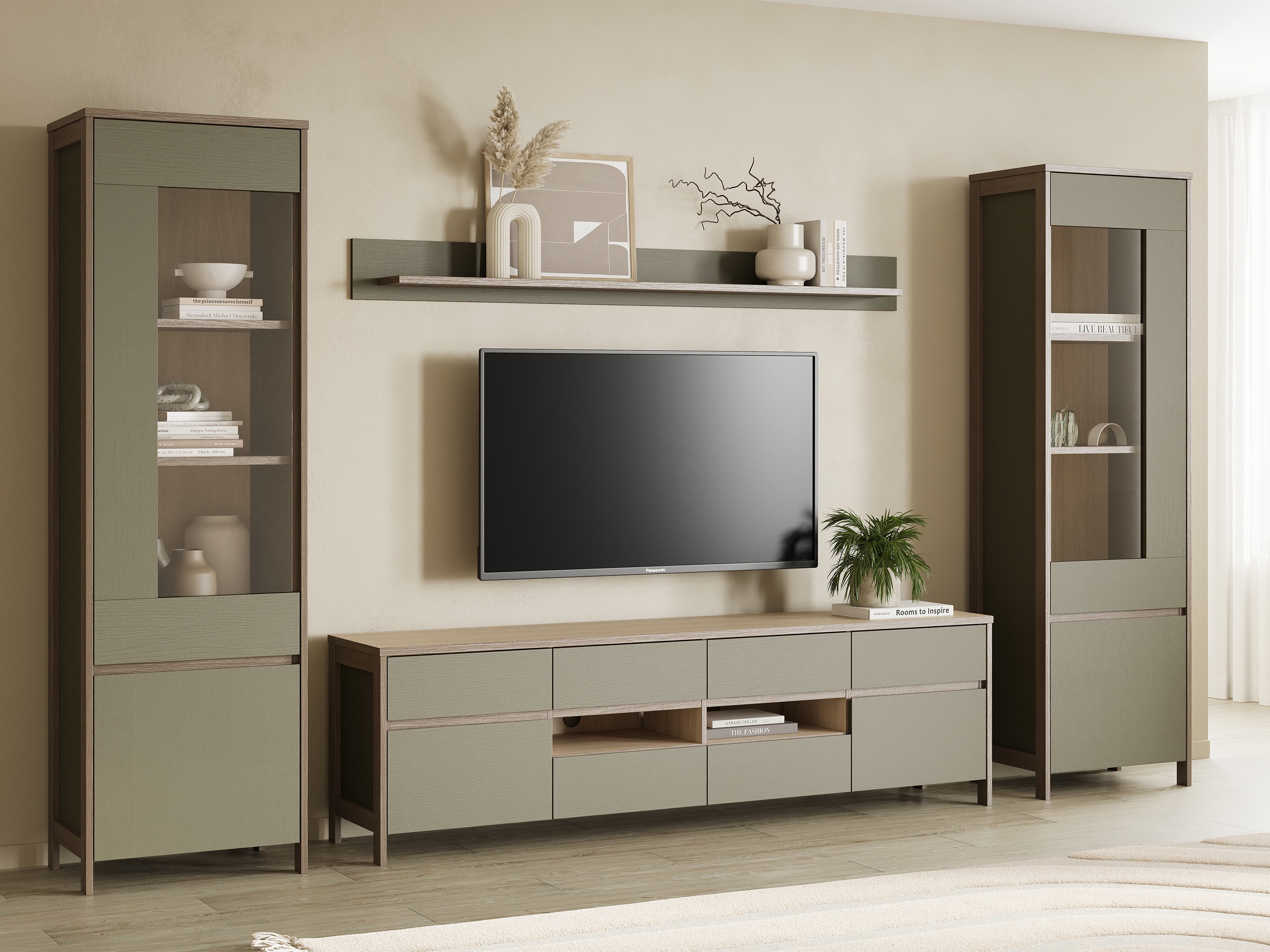 Комплект за хол Fermaru 111 (Пепеливо зелен + Дъб)