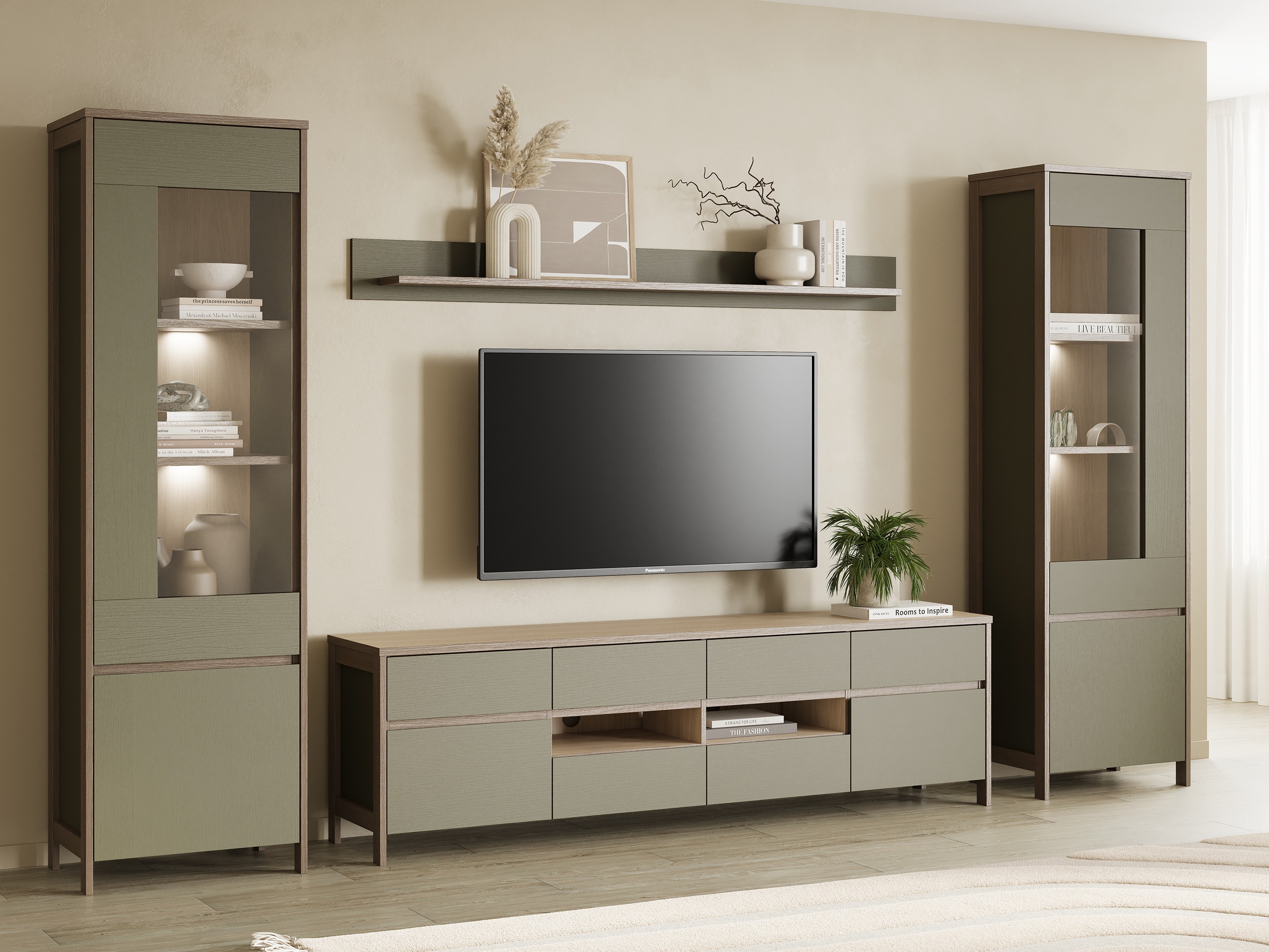 Комплект за хол Fermaru 111 (Пепеливо зелен + Дъб)