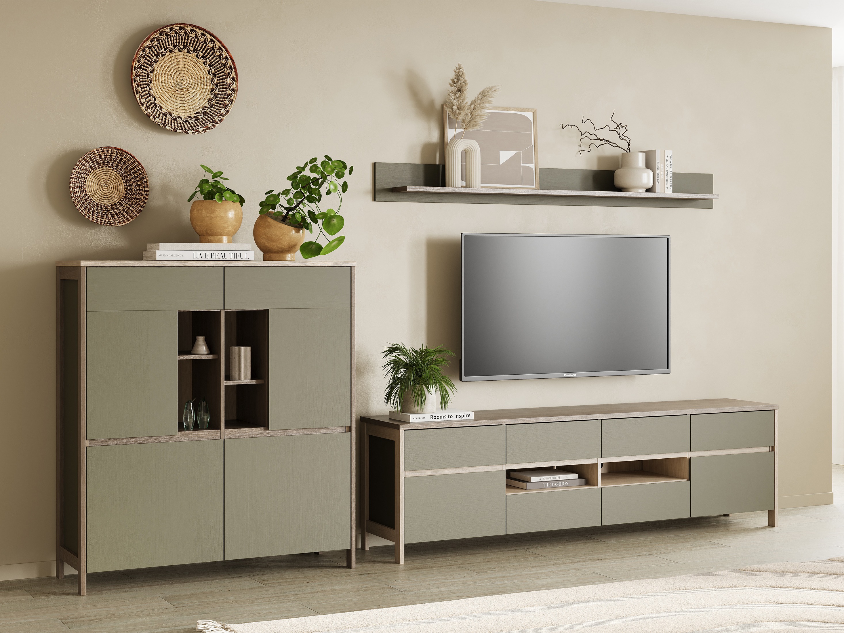 Комплект за хол Fermaru 112 (Пепеливо зелен + Дъб)