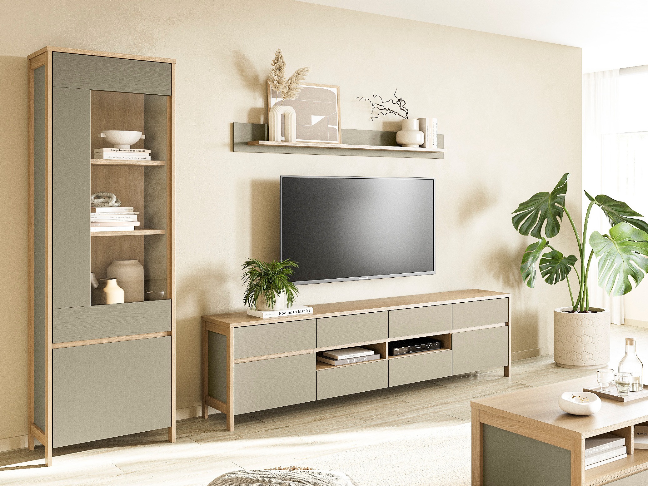 Комплект за хол Fermaru 113 (Пепеливо зелен + Дъб)