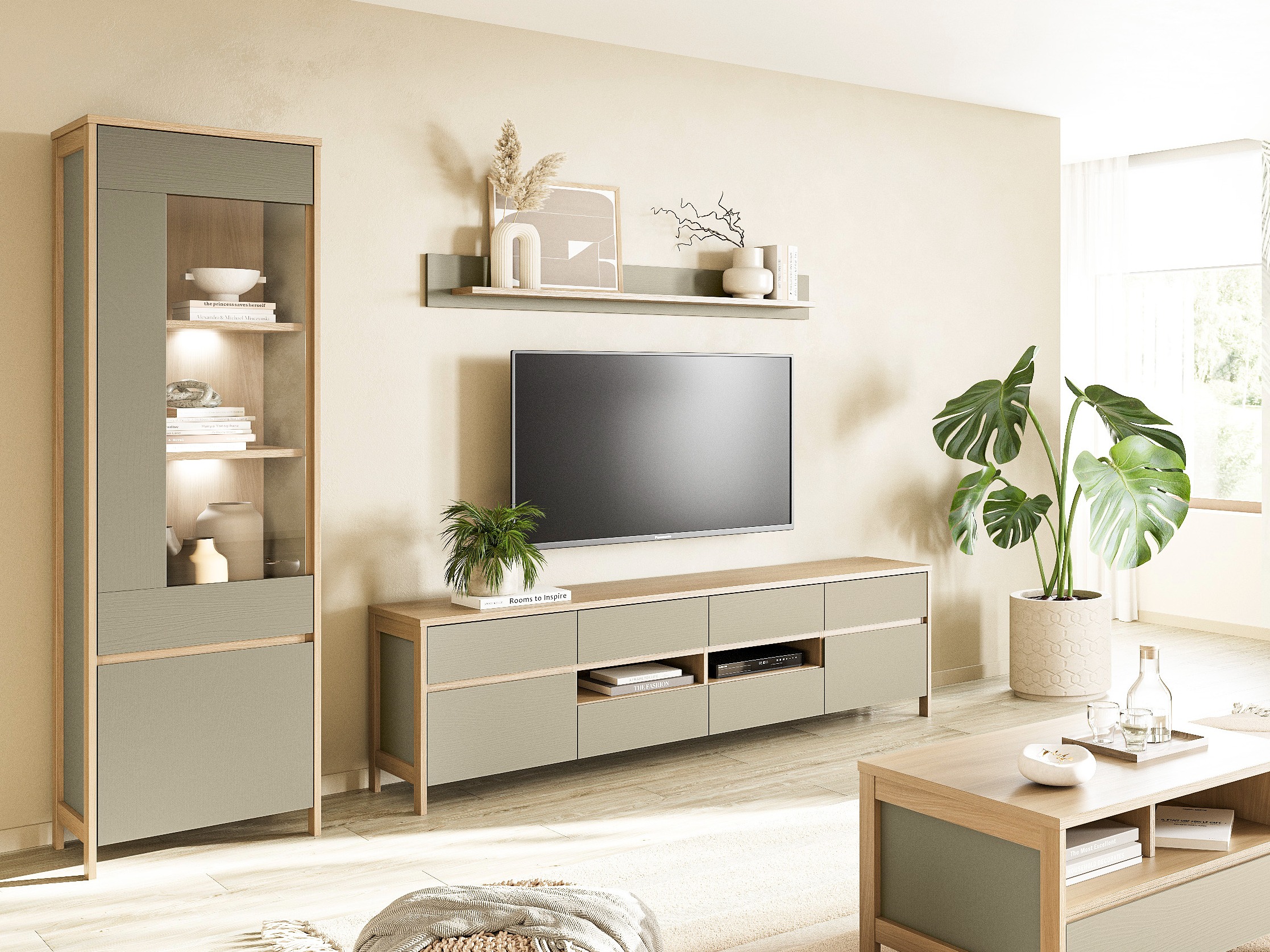 Комплект за хол Fermaru 113 (Пепеливо зелен + Дъб)