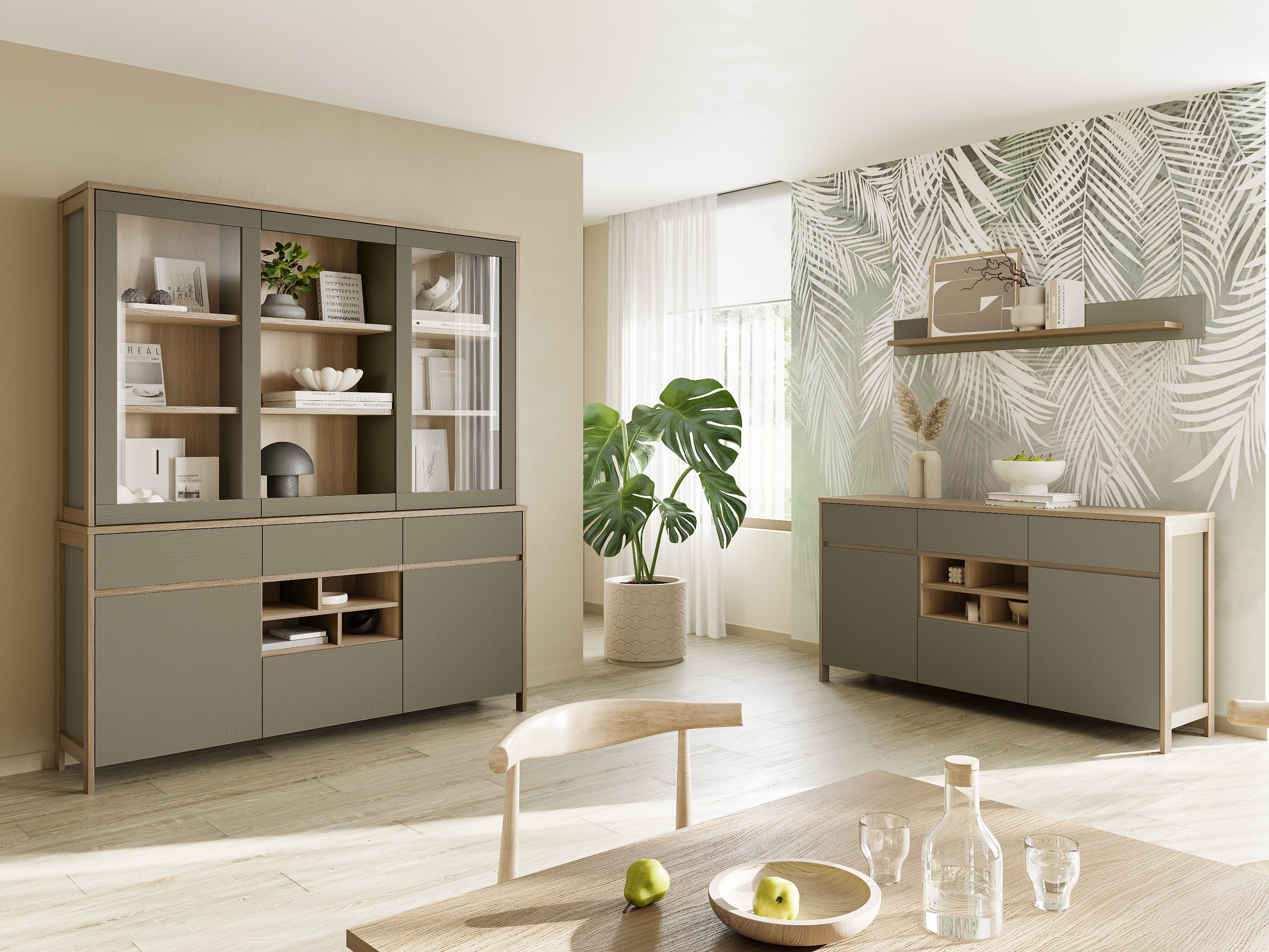 Стенна етажерка Fermaru 108 (Пепеливо зелен + Дъб)