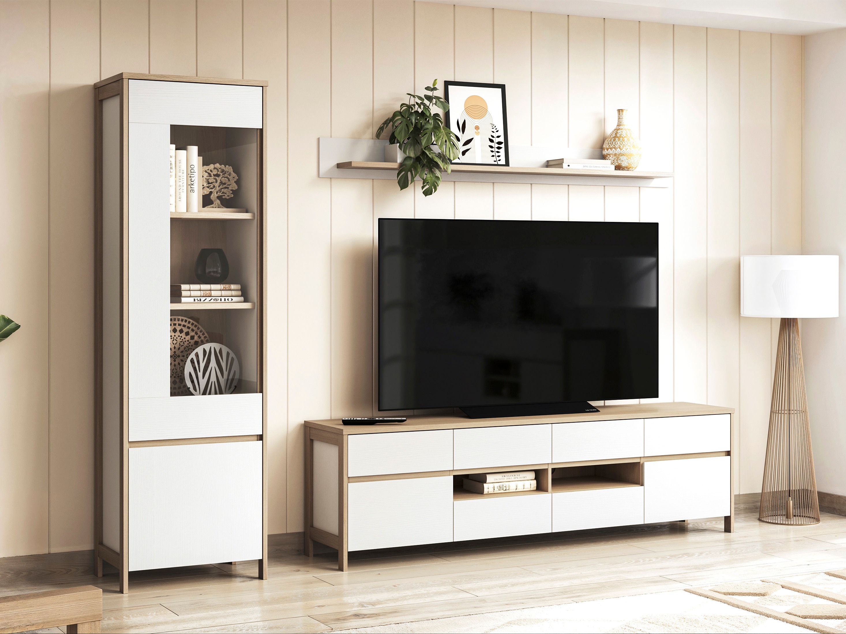 Комплект за хол Fermaru 113 (Бял + Дъб)