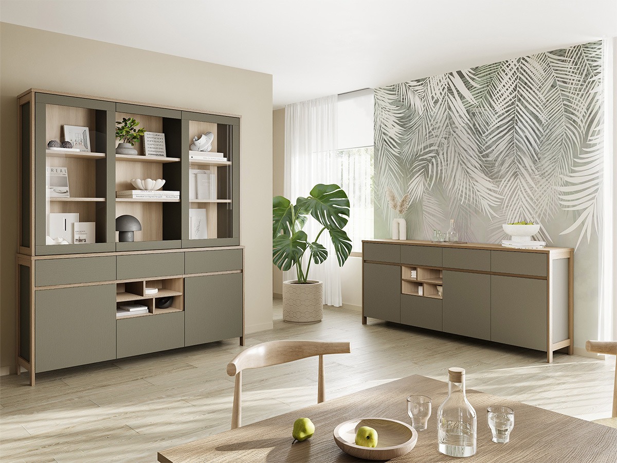 Мебелен комплект Fermaru 114 (Пепеливо зелен + Дъб)
