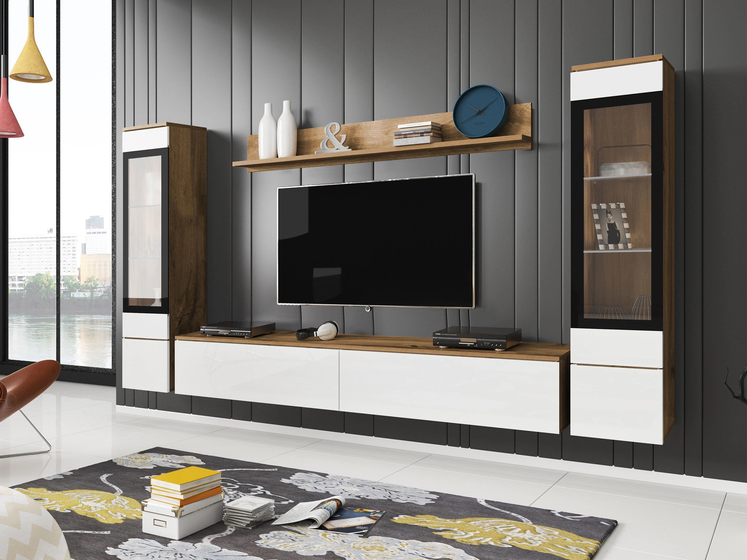 Комплект за хол Sarasota 126 (Дъб уотан + Бял гланц)