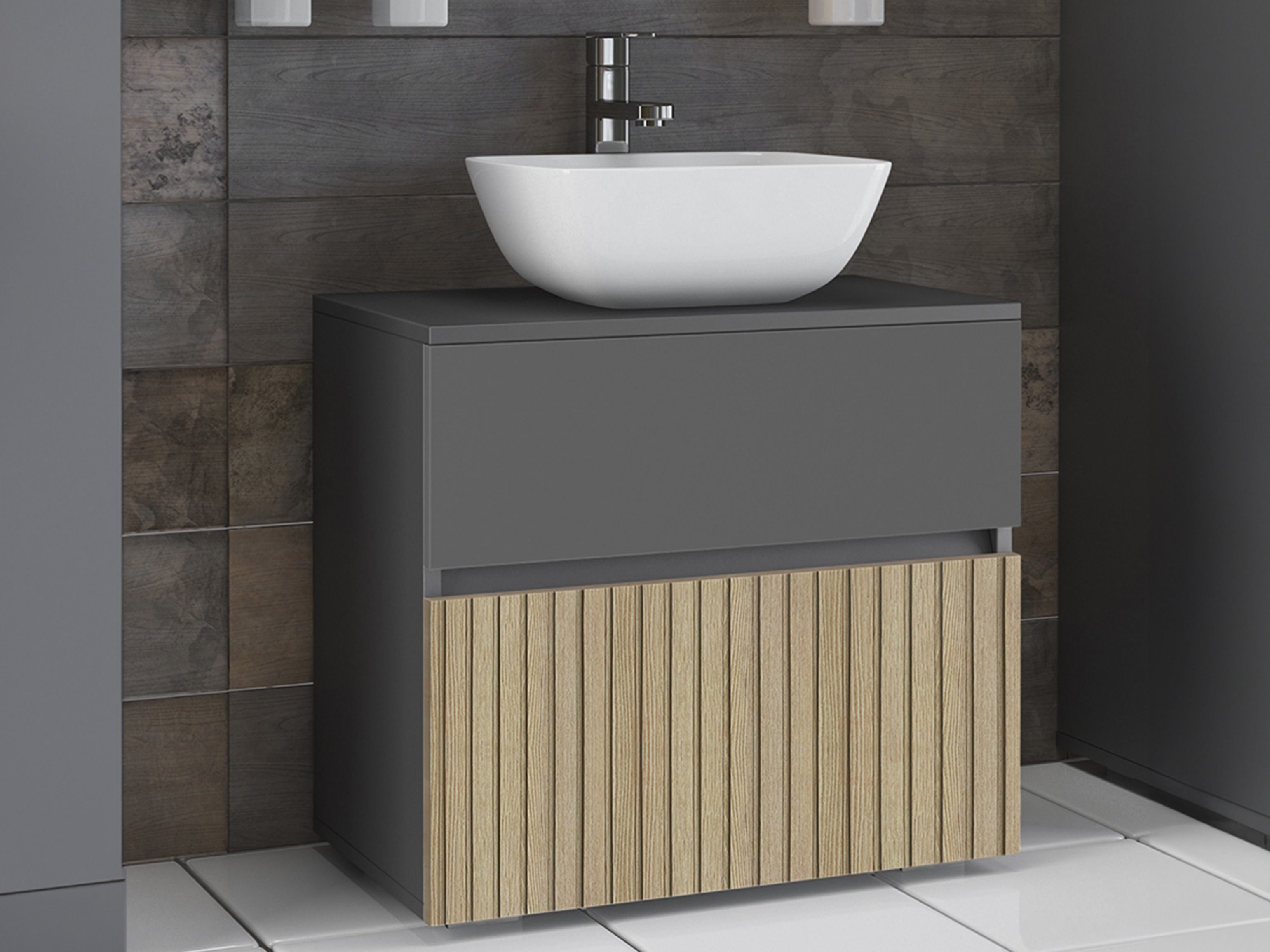 Стоящ шкаф за баня за мивка Soncamu 110 (Антрацит + Светъл дъб)