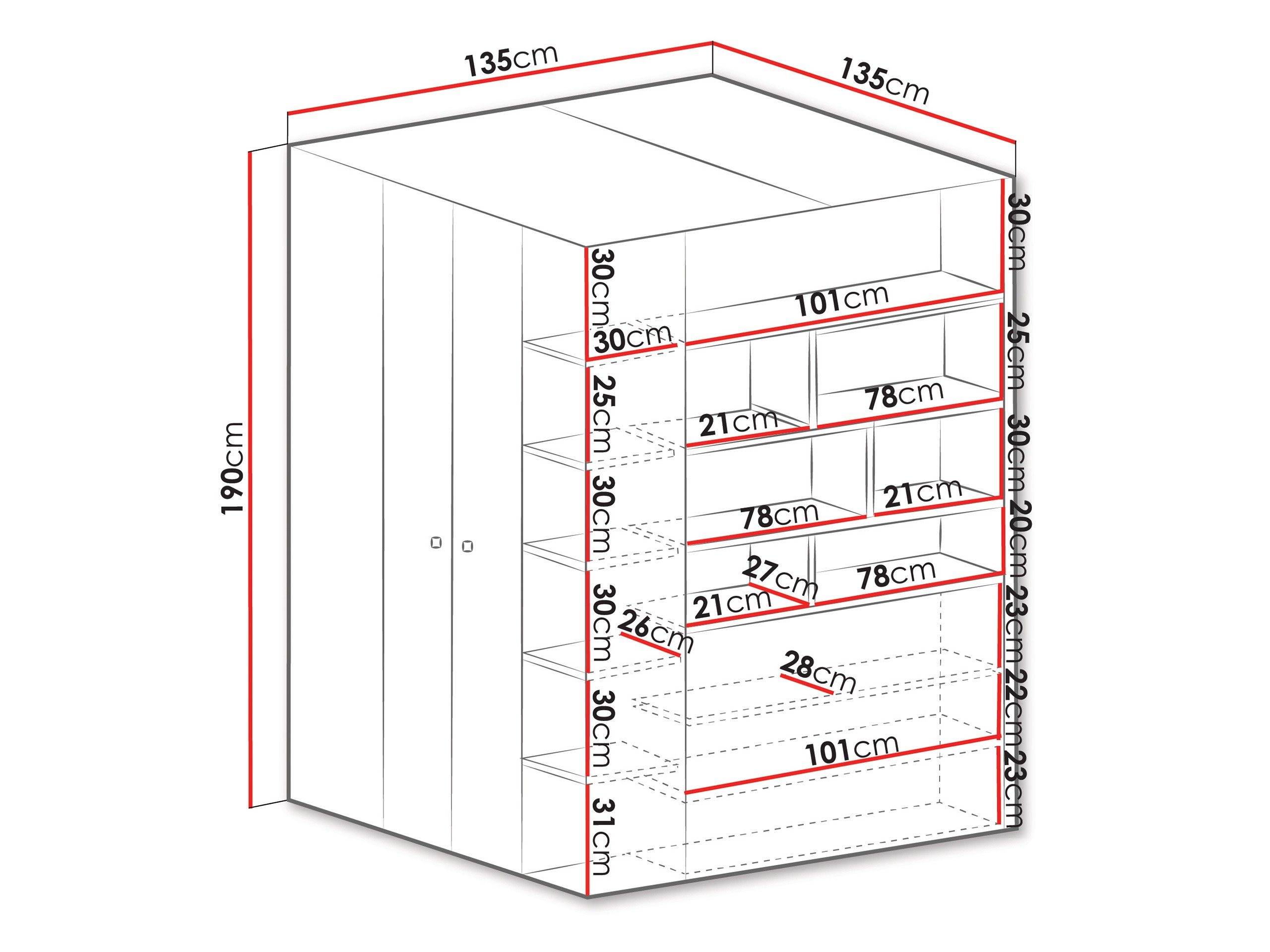 Ъглов гардероб Camteso 113 (Бял + Дъб + Тюркоаз)