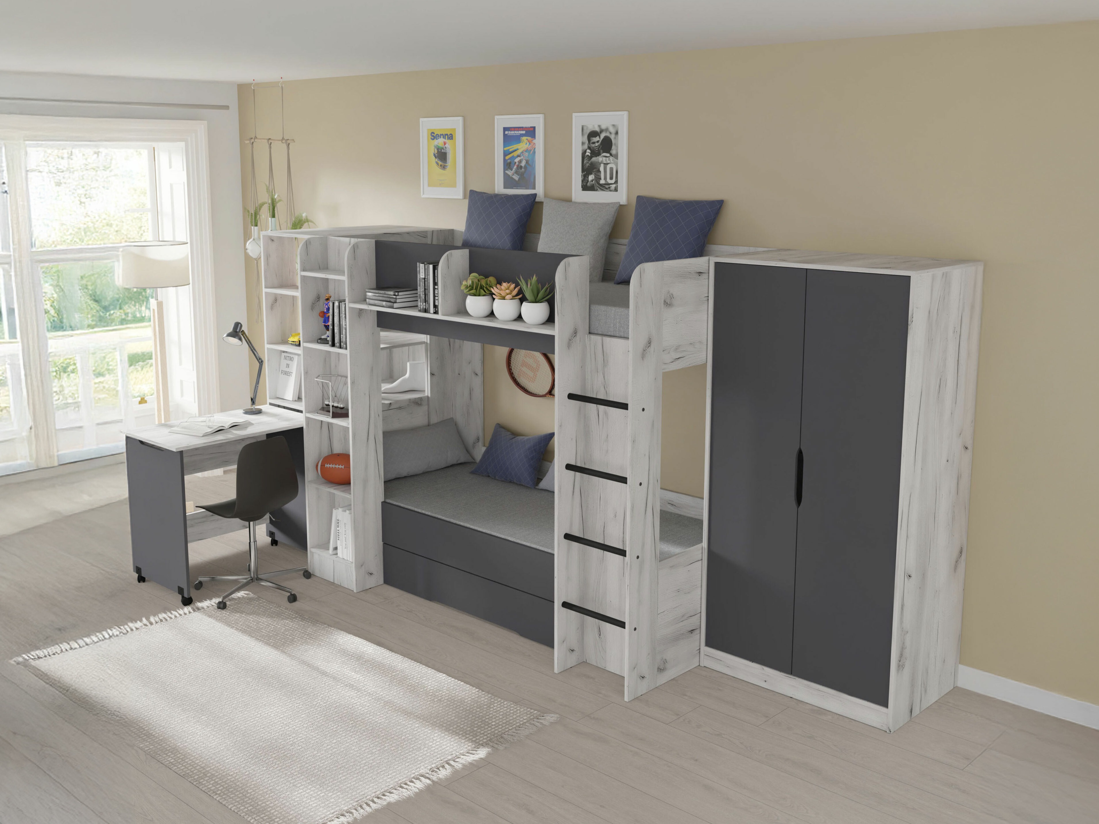 Комплект за детска стая Elitenu 104 (Занаятчийско бяло + Графит)