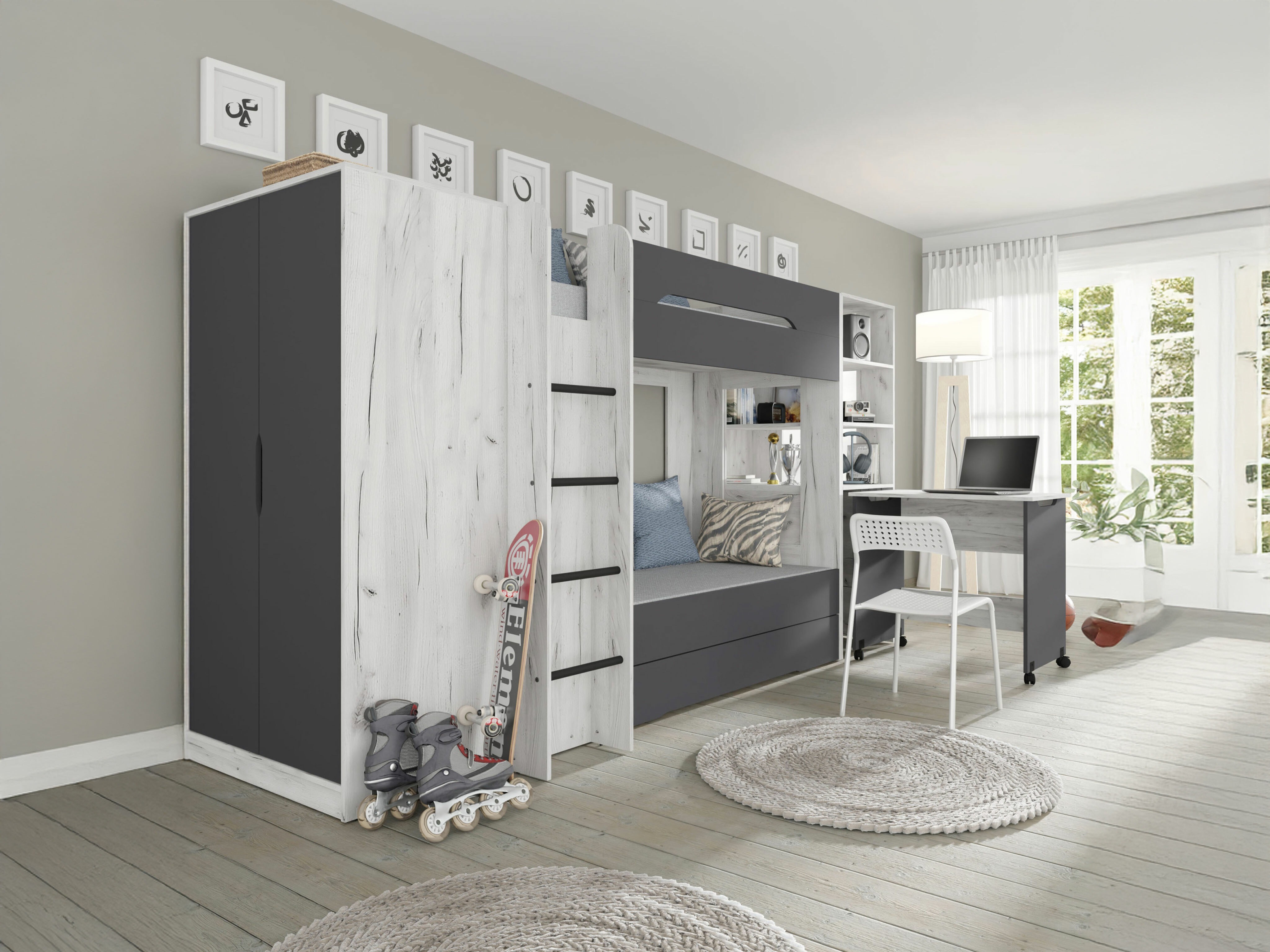 Комплект за детска стая Elitenu 105 (Занаятчийско бяло + Графит)