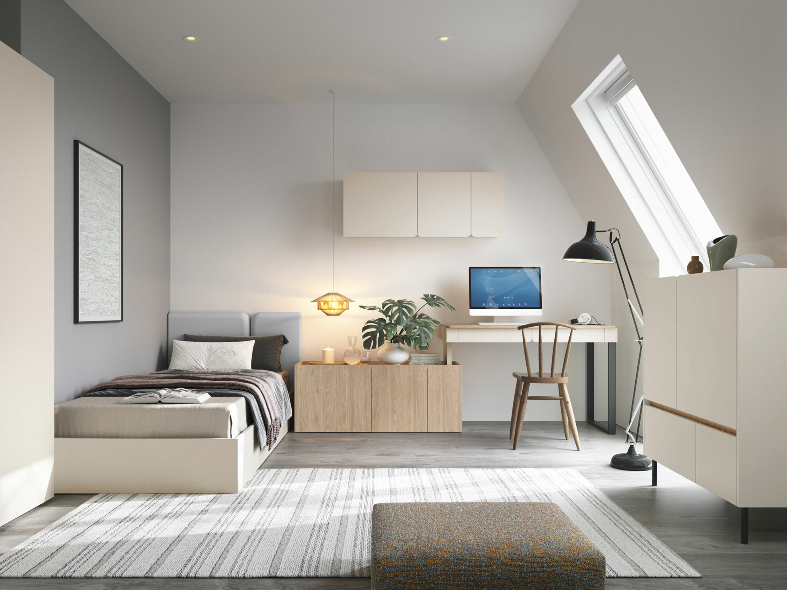 Ъглово офис бюро Fiosono 110 (Бежов + Светъл дъб)