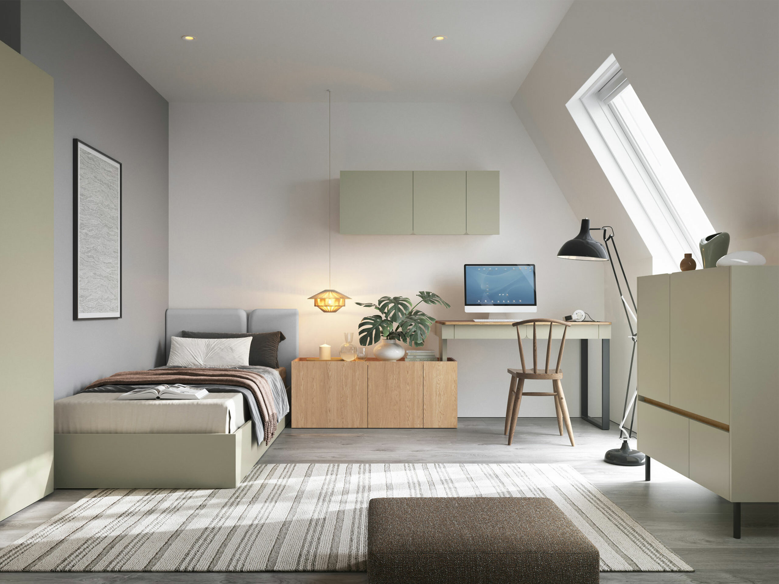 Ъглово офис бюро Fiosono 110 (Пепеливо зелен + Дъб)