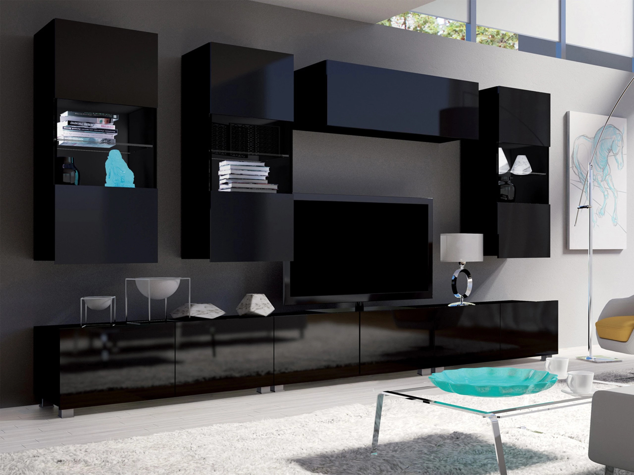 Окачен шкаф Tivdalu 102 (Черен + Черен гланц)