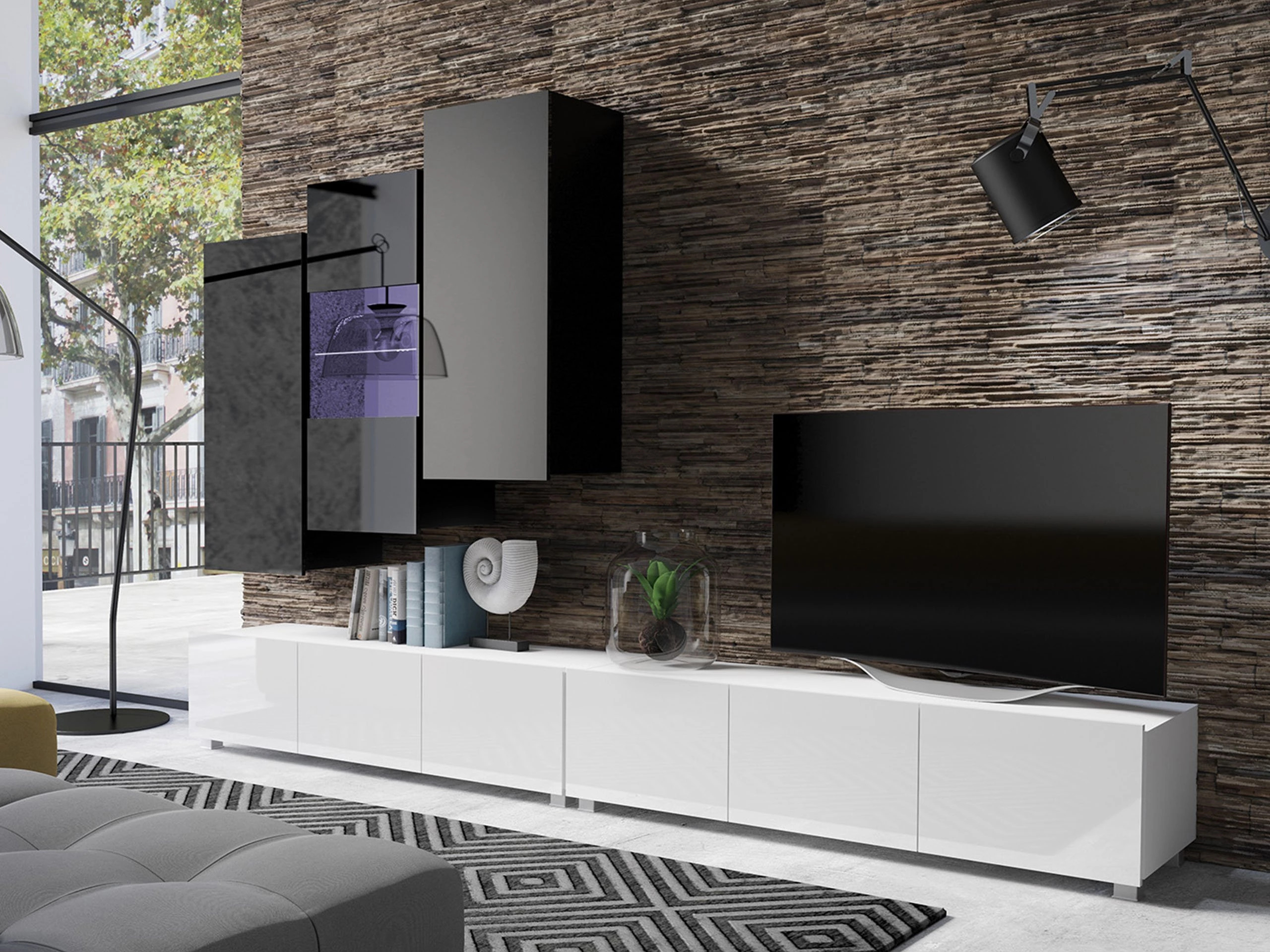 Комплект за хол Tivdalu 133 (Бял + Бял гланц + Черен + Черен гланц)