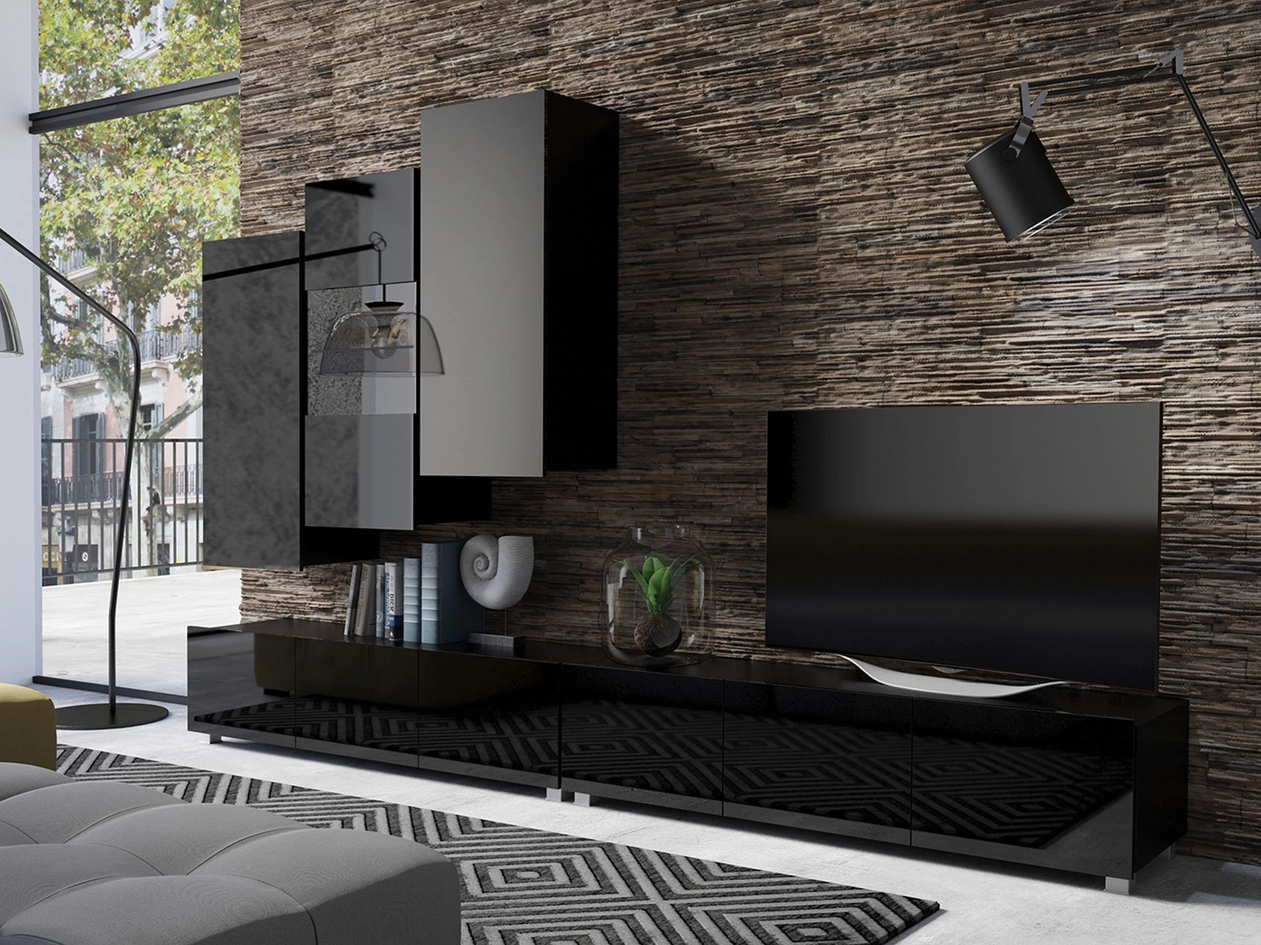 Окачен шкаф Tivdalu 126 (Черен + Черен гланц)