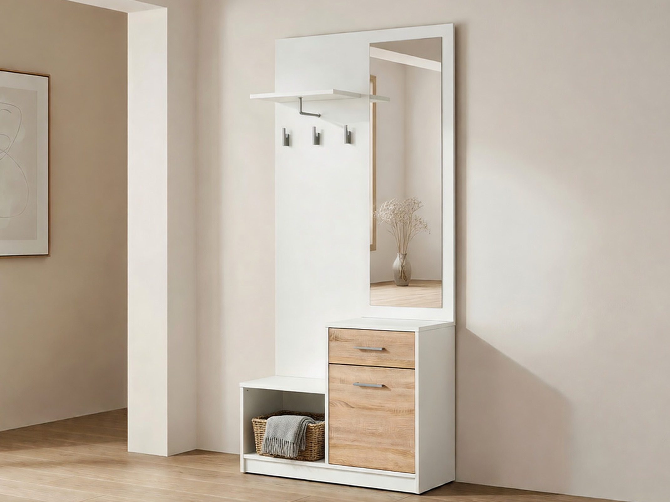 Комплект за антре Novsore 121 (Бял + Сонома дъб)