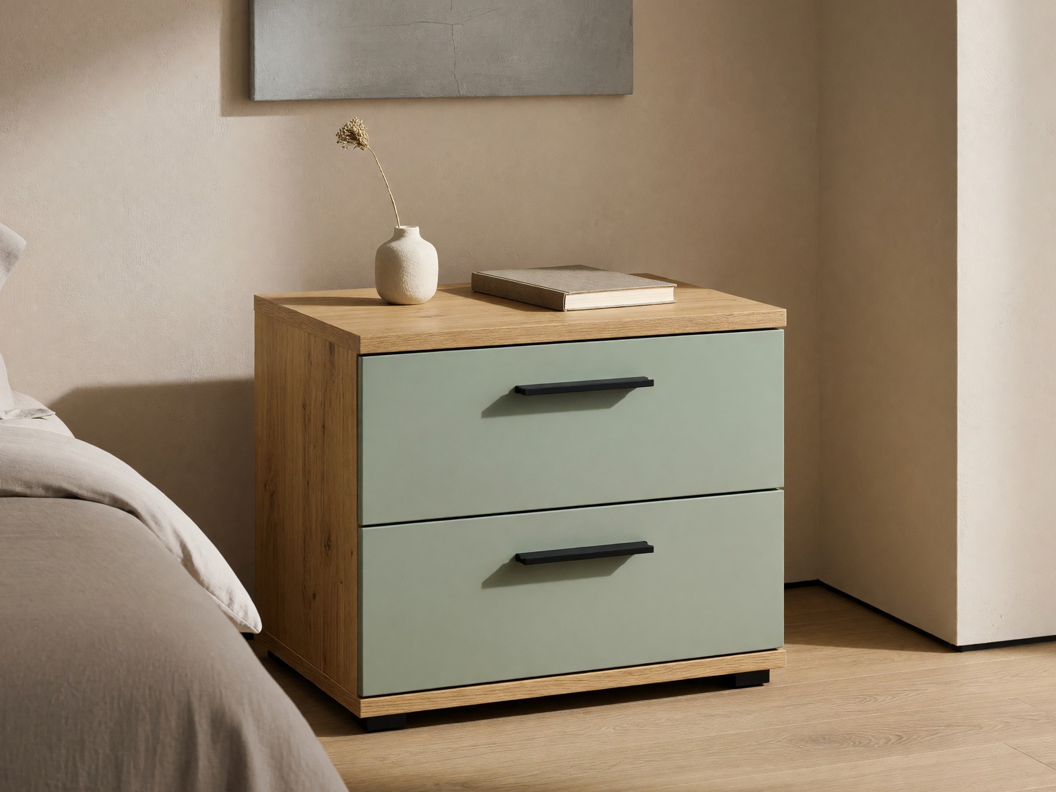 Нощно шкафче Livcali 100 (Зелен + Artisan дъб)