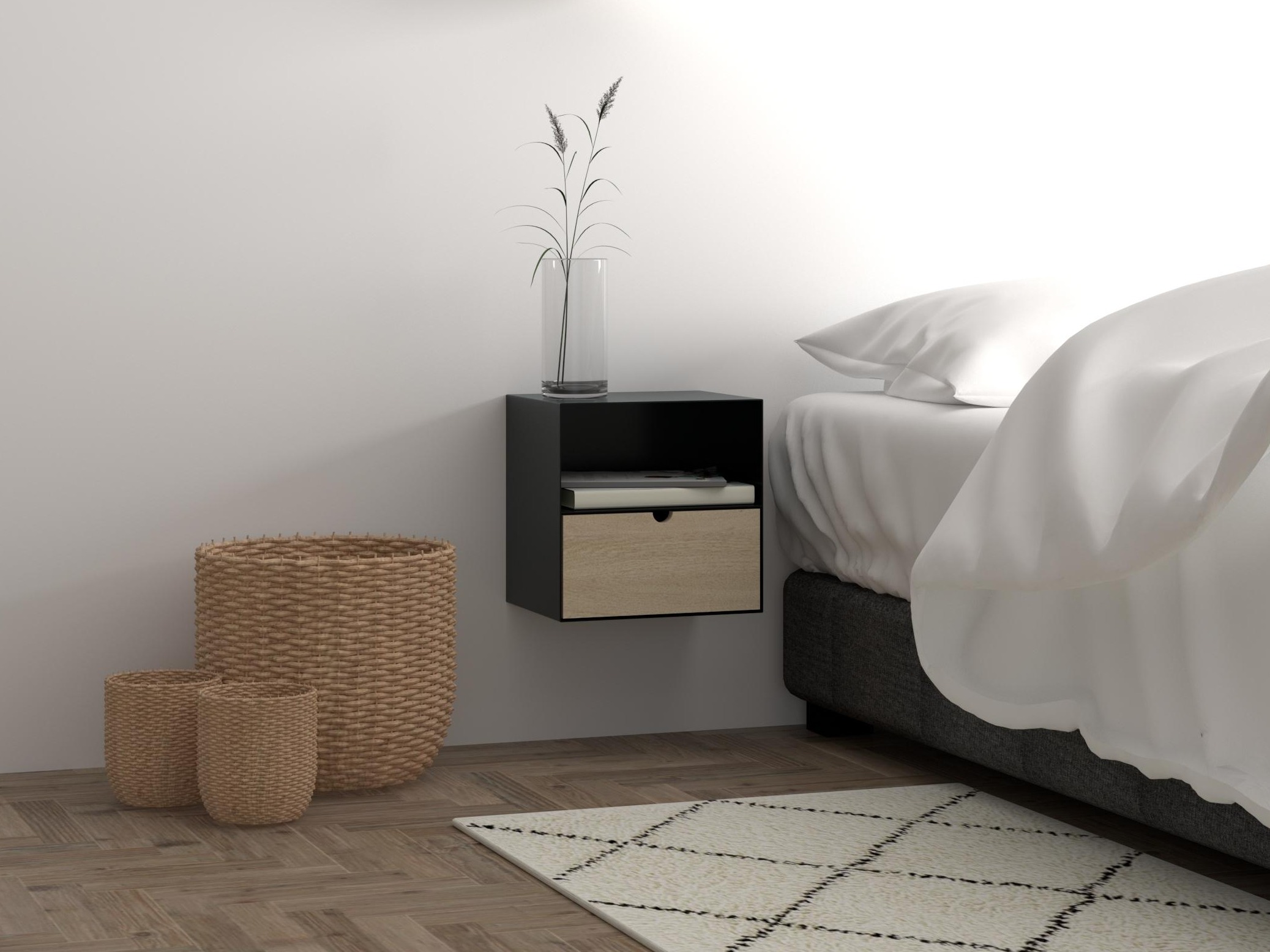 Нощно шкафче Norsica 375 (Черен + Ярък дърво)