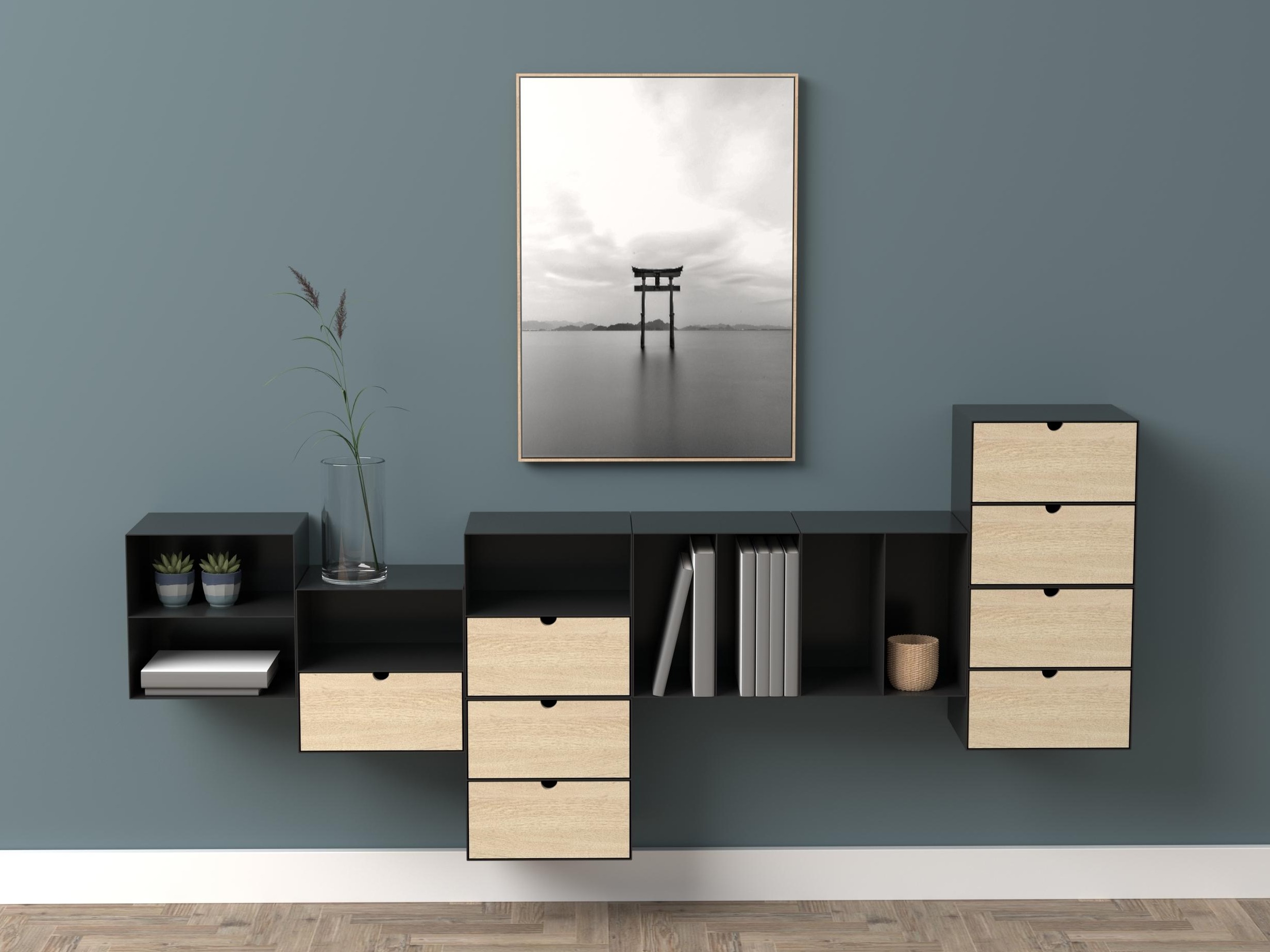 Нощно шкафче Norsica 375 (Черен + Ярък дърво)