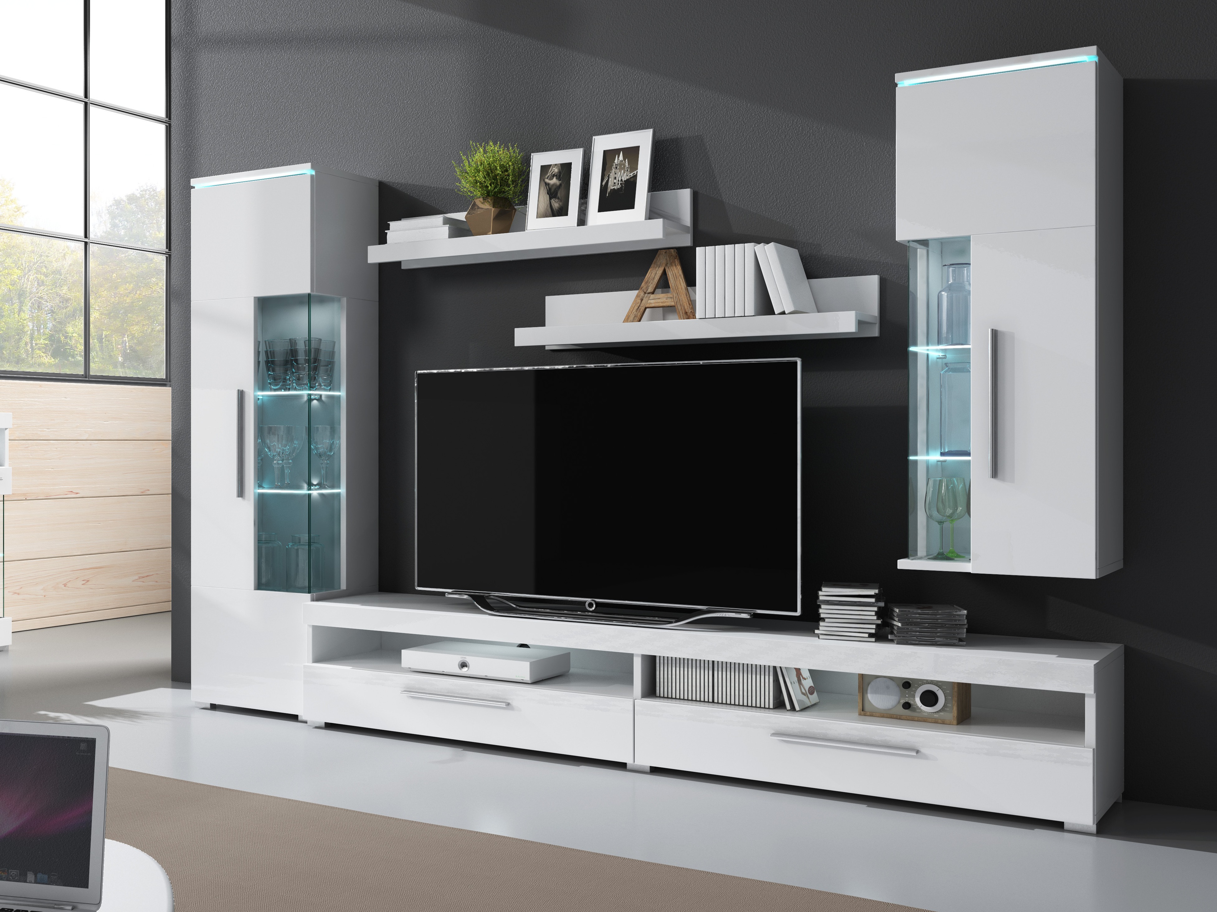 Комплект стенни етажерки Torvire 105 (Бял + Бял гланц)