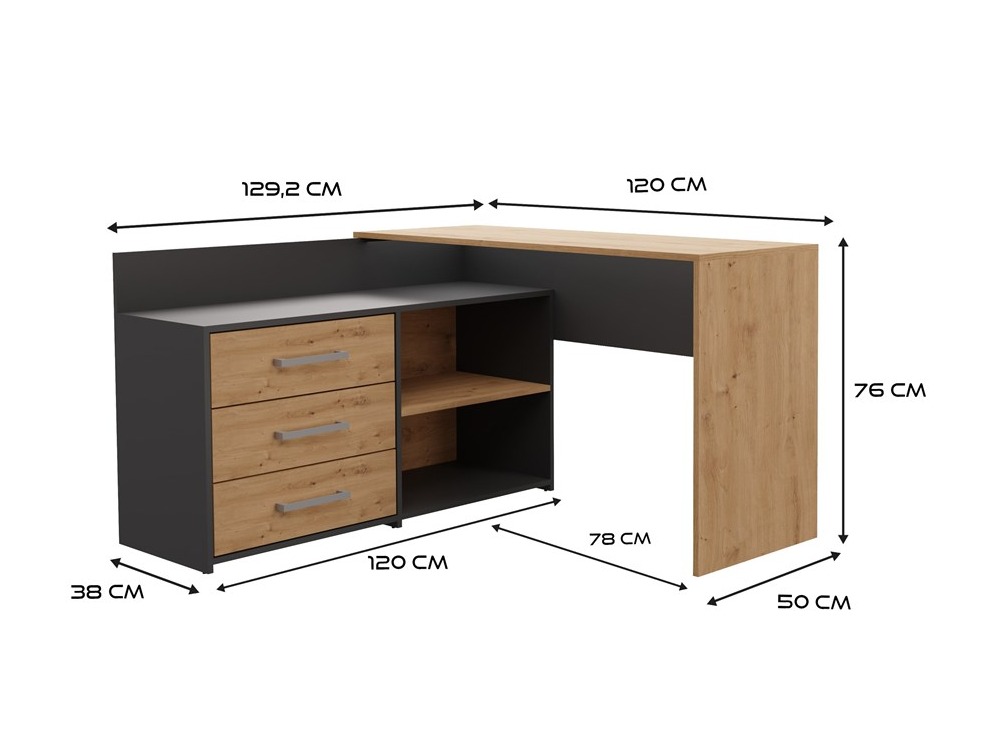 Ъглово офис бюро Mandeville 131 (Антрацит + Artisan дъб)