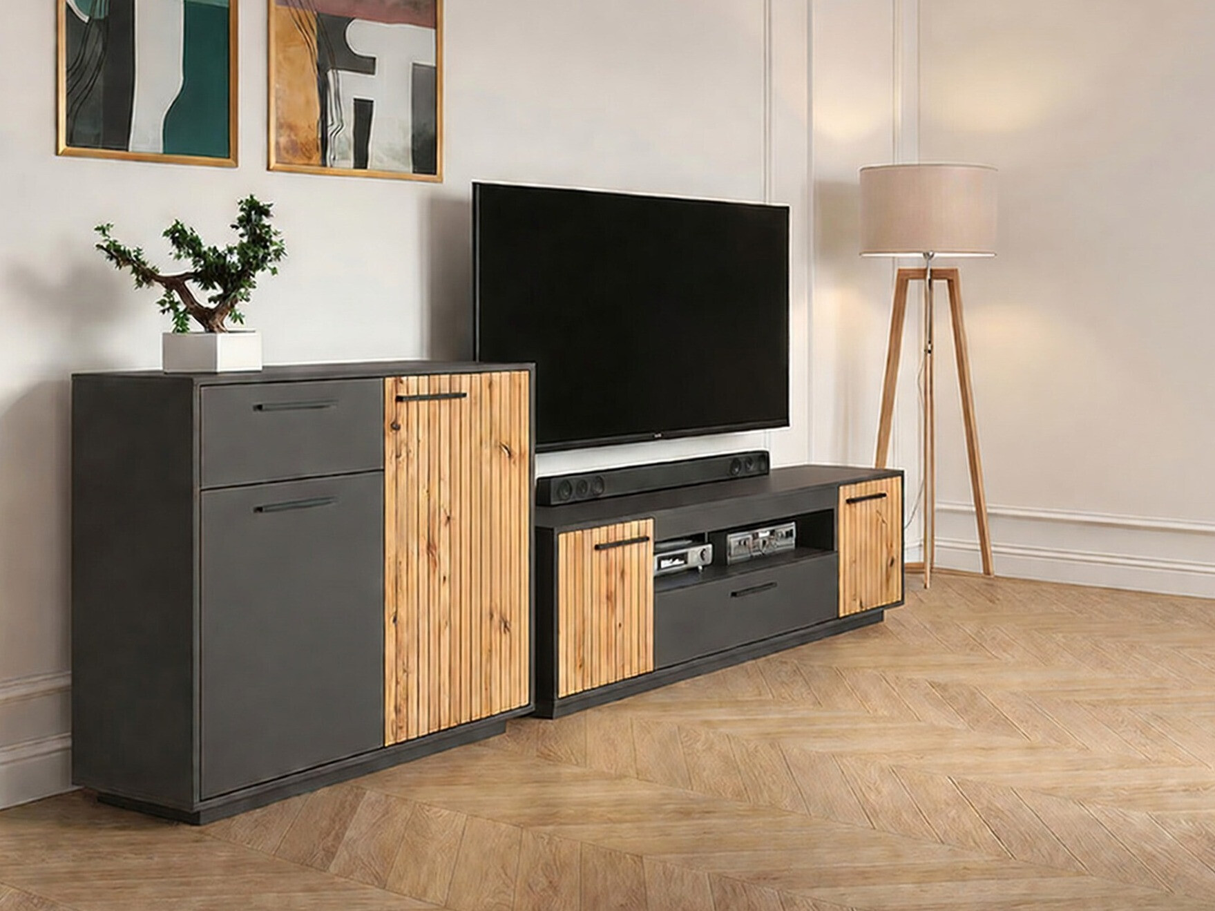 Комплект за хол Melvelo 104 (Антрацит + Artisan дъб)