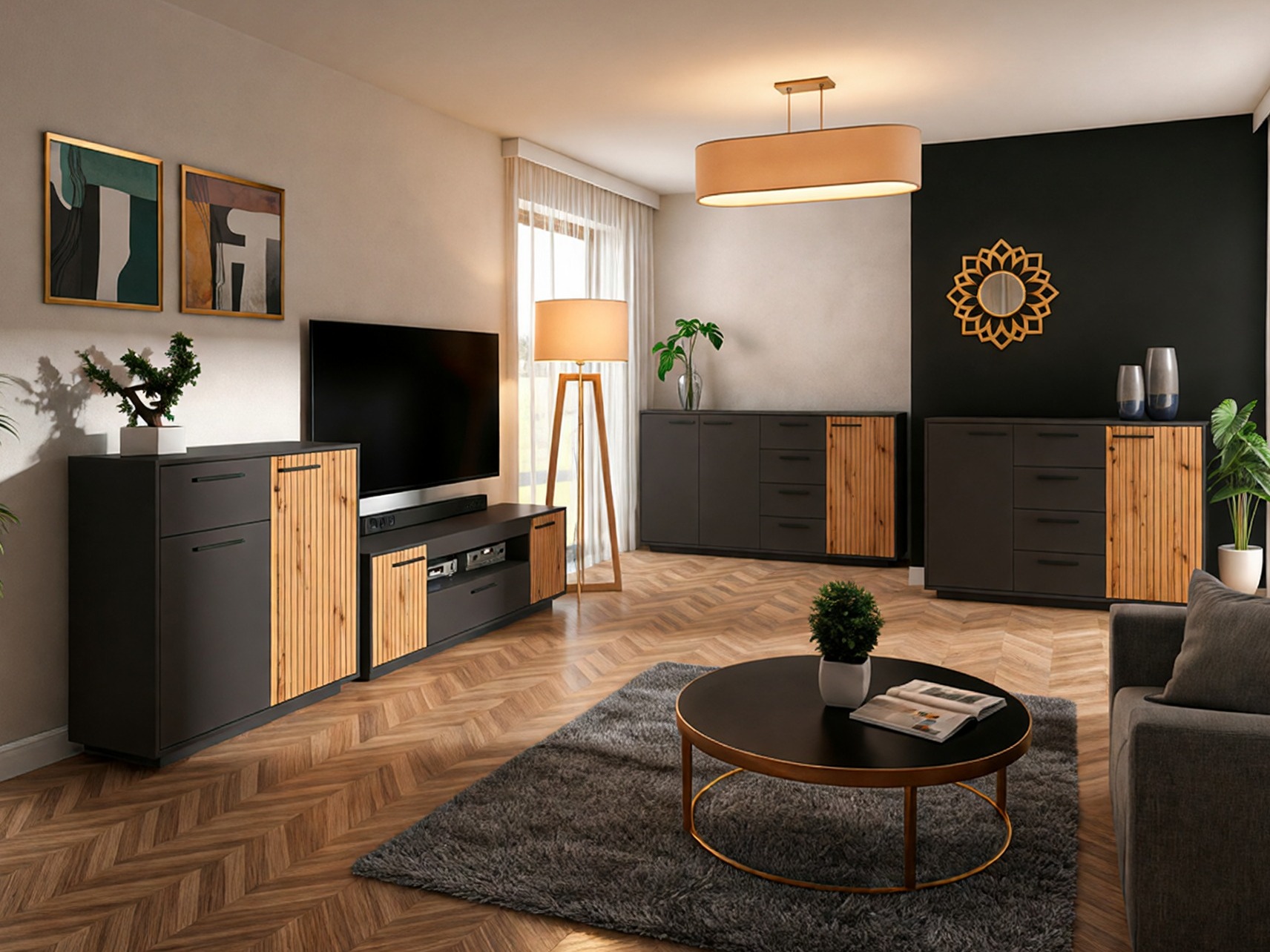 ТВ шкаф Melvelo 103 (Антрацит + Artisan дъб)