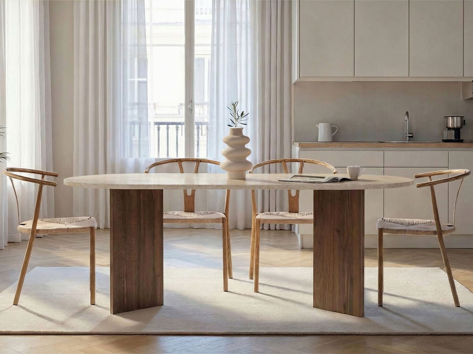 Маса Novato 138 (Светъл Travertine + Орех)