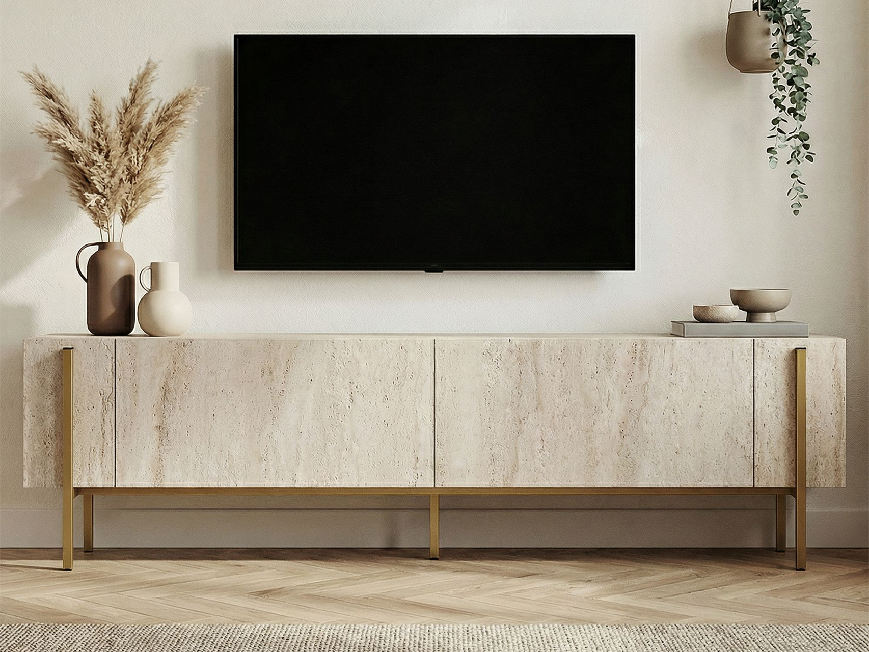 ТВ шкаф Novato 154 (Златно + Светъл Travertine)