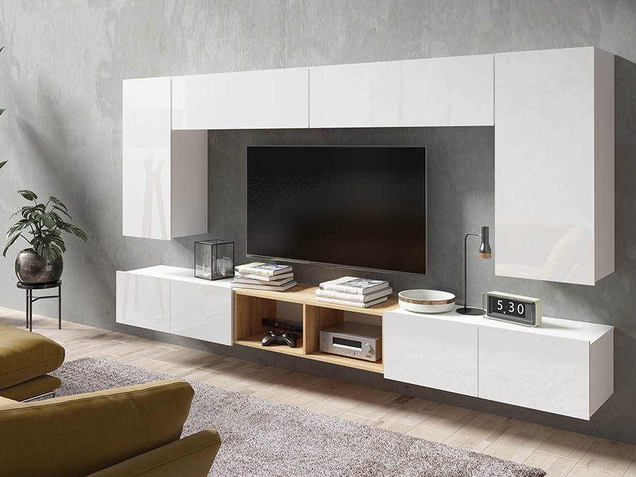 Комплект за хол Remus XXIII (Бял + Бял гланц + Златен дъб)