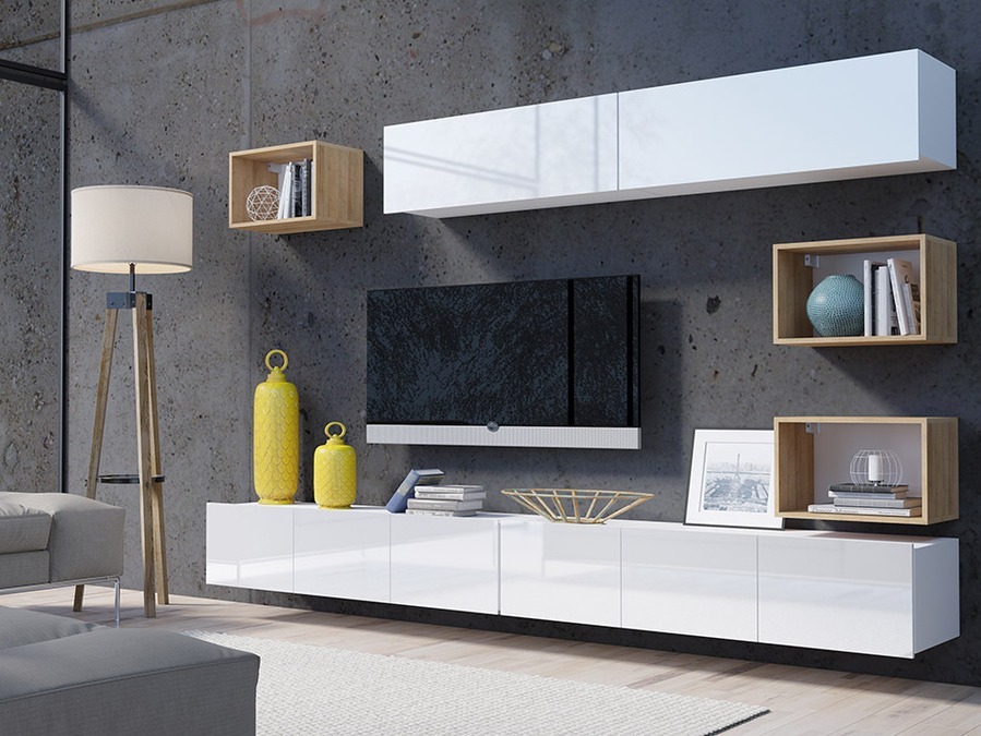 Комплект за хол Remus XXXI (Бял + Бял гланц + Златен дъб)