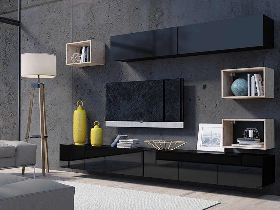 Комплект за хол Remus XXXI (Черен + Черен гланц + Artisan дъб)