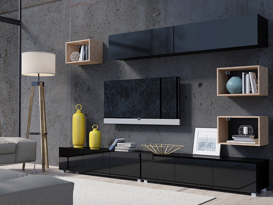 Комплект за хол Remus XXXI (Черен + Черен гланц + Artisan дъб)