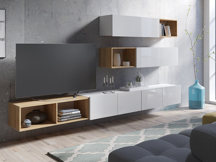 Комплект за хол Tivdalu 145 (Бял + Бял гланц + Златен дъб)